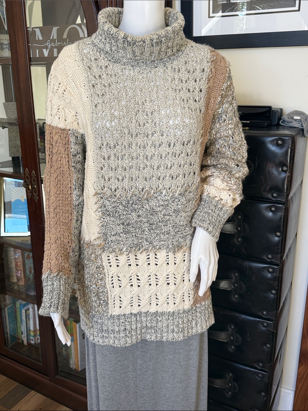 Coldwater Creek Neutral Patchwork Cowlneck Sweater in Cream, Gray & Tan